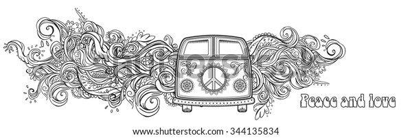 Hippie vintage car a mini van. Ornamental background.\
Love and Music with hand-written fonts, hand-drawn doodle\
background and textures. Hippy color vector illustration. Retro\
1960s, 60s, 70s