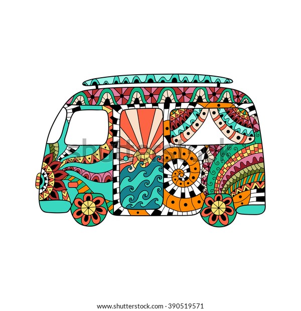 Hippie vintage car a mini van in zentangle
style. Colorful bus. Hippy color vector illustration. Retro 1960s,
60s, 70s. Ornamental background.
