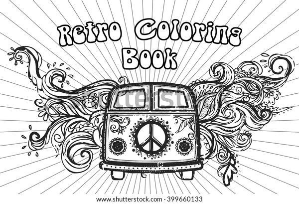 Hippie vintage car a mini van Ornate background\
Love and Music with hand-written fonts hand-drawn doodle background\
and textures Hippy color vector illustration Retro 1960s 60s, 70s\
Woodstock festival