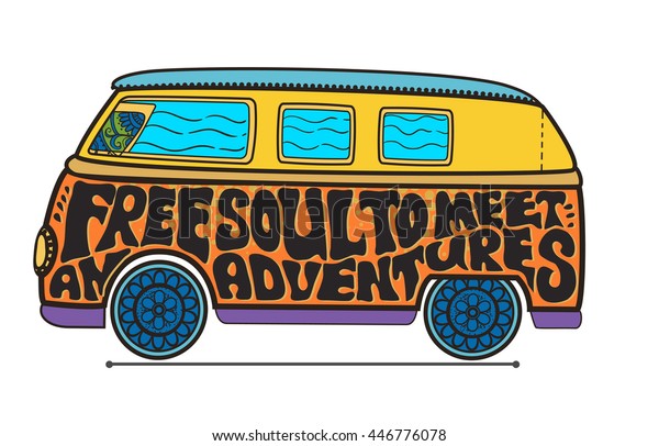 Hippie vintage car a mini van Ornate background\
Love and Music with hand-written fonts  background and textures\
Hippy color vector illustration Retro 1960s 60s, 70s Woodstock\
festival