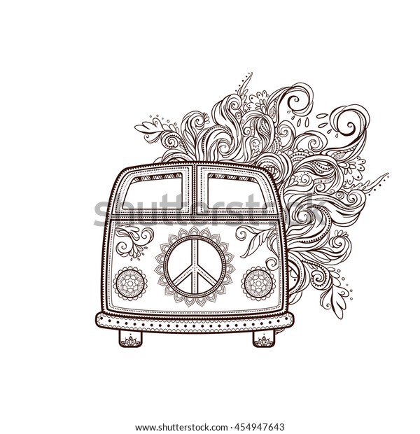 Hippie vintage car a\
mini van. Ornamental background. Love and Music with hawn doodle\
background and textures. Hippy color vector illustration. Retro\
1960s, 60s, 70s