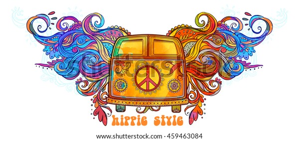 kobling marxistisk Præferencebehandling Hippie vintage bil en mini van. Stock-vektor (royaltyfri) 459463084