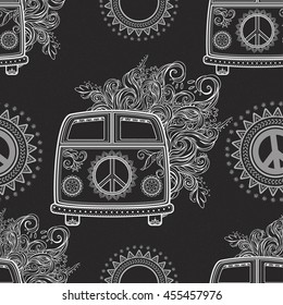 Hippie vintage car a minivan. Ornamental background. Love and Music with textile doodle background and textures. Hippy color vector illustration. Retro 1960s, 70s style