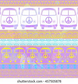 Hippie vintage car a minivan. Ornamental background.