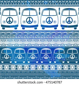 Hippie vintage car a minivan. Ornamental background. Love and Music, woodstock with hand pattern fonts, textile doodle background and textures. Hippy color vector illustration. Retro 1960s, 70s style