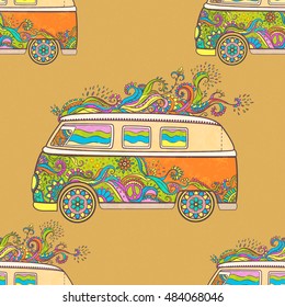 Hippie vintage car a minivan. Ornamental background. Love and Music, woodstock with hand pattern fonts, textile doodle background and textures. Hippy color vector illustration. Retro 1960s, 70s style