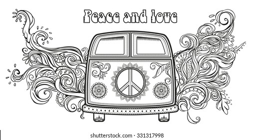 Hippie vintage car a hippie car. Ornamental background. Love and Music with hand-written fonts, hand-drawn doodle background and textures. Hippy color vector illustration. Retro 1960s, 60s, 70s