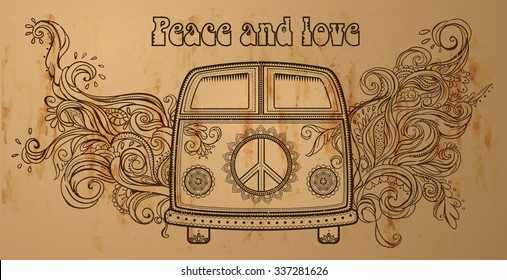 Hippie vintage car a hippie car. Ornamental background. Love and Music with hand-written fonts, hand-drawn doodle background and textures. Hippy color vector illustration. Retro 1960s, 60s, 70s