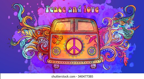 Hippie vintage car a hippie car. Ornamental background. Love and Music with hand-written fonts, hand-drawn doodle background and textures. Hippy color vector illustration. Retro 1960s, 60s, 70s