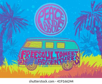 Hippie vintage car a hippie car. Ornamental background. Love and Music with hand-written fonts, hand-drawn doodle background and textures. Hippy color vector illustration. Retro 1960s, 60s, 70s