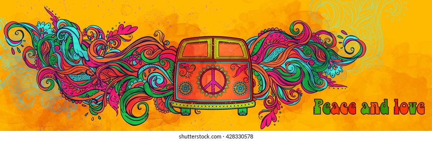 Hippie vintage car a hippie car. Ornamental background. Love and Music with hand-written fonts, hand-drawn doodle background and textures. Hippy color vector illustration. Retro 1960s, 60s, 70s