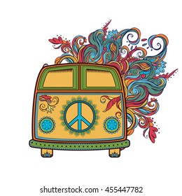 Hippie vintage car a hippie car. Ornamental background. Love and Music with   textures. Hippy color vector illustration. Retro 1960s, 60s, 70s