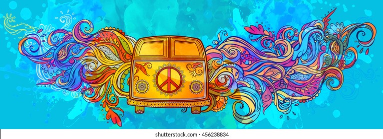 Hippie vintage car a hippie car. Ornamental background.  Banner color vector illustration. Psychedelic Border and Retro 1960s, 60s, 70s