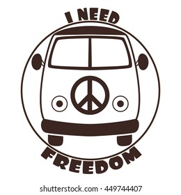 Hippie vintage car hippie car. White background. Love and Music with hand-written fonts, Hippy color vector illustration. Retro 1960s, 70s