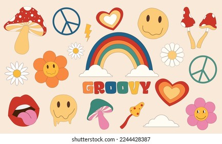 Hippie vintage color icons in 70s, 80s style. Set of cartoon psychedelic elements. Groovy mushrooms,daisy,rainbow, peace sign, lips, smile face. Vector illustration