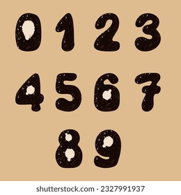 Hippie vintage grunge number set. Groovy funky typeface. Stylized isolated numbers with paint splashes texture. Trendy design. Ideal for nostalgia lettering design