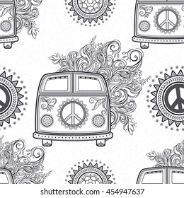 Hippie vintage pattern a minivan. Ornamental background. Love and Music with textile doodle background and textures. Hippy color vector illustration. Retro 1960s, 70s style