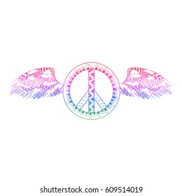 Hippie vintage peace symbol in ornamental style with wings. Pink color tie dye t-shirt print isolated on white background. Hippy colorful vector illustration for girls. Retro 1960s, 60s, 70s. 