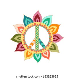 Hippie vintage peace symbol in zen art style. Ornamental tie dye t-shirt print isolated on white background. Mandala round pattern. Hippy colorful vector illustration