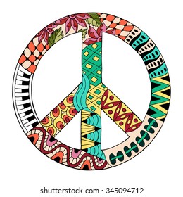 Hippie vintage peace symbol in zentangle style for adult anti stress. Coloring page with high details. Made by trace from sketch. Hippy colorful vector illustration. Retro 1960s, 60s, 70s