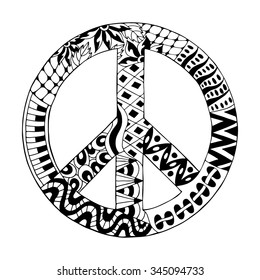 Hippie vintage peace symbol in zentangle style for adult anti stress. Coloring page with high details. Made by trace from sketch. Hippy monochrome vector illustration. Retro 1960s, 60s, 70s