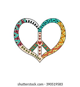 Hippie vintage peace symbol in zentangle style. Pacific sign in heart's shape. Hippy colorful vector illustration. Retro 1960s, 60s, 70s. Pacifism pattern.