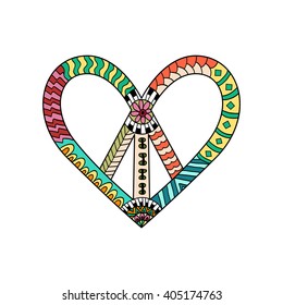 Hippie vintage peace symbol in zentangle style. Pacific sign in heart's shape. Hippy colorful vector illustration. Retro 1960s, 60s, 70s. Pacifism pattern.