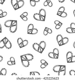 Hippie vintage peace symbol in zentangle style for adult anti stress. Pacific sign in heart's shape. Pacifism seamless pattern. Hippy black and white vector background. Retro 1960s, 60s, 70s