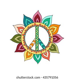 Hippie vintage peace symbol in zentangle style. Ornamental tie dye t-shirt print isolated on white background. Mandala round pattern. Hippy colorful vector illustration. Retro 1960s, 60s, 70s. 