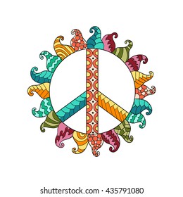 Hippie vintage peace symbol in zentangle style. Ornamental tie dye t-shirt print isolated on white background. Mandala round pattern. Hippy colorful vector illustration. Retro 1960s, 60s, 70s. 