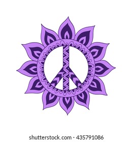 Hippie vintage peace symbol in zentangle style. Ornamental tie dye t-shirt print isolated on white background. Mandala round pattern. Hippy colorful vector illustration. Retro 1960s, 60s, 70s. 