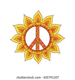 Hippie vintage peace symbol in zentangle style. Ornamental tie dye t-shirt print isolated on white background. Mandala round pattern. Hippy colorful vector illustration. Retro 1960s, 60s, 70s. 