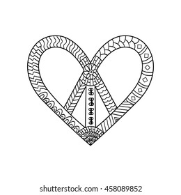 Hippie vintage peace symbol in zentangle style for adult anti stress. Coloring page with high details. Pacific sign in heart's shape. Hippy black and white vector illustration. Retro 1960s, 60s, 70s