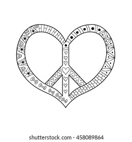 Hippie vintage peace symbol in zentangle style for adult anti stress. Coloring page with high details. Pacific sign in heart's shape. Hippy black and white vector illustration. Retro 1960s, 60s, 70s