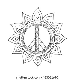 Hippie vintage peace symbol in zentangle style. Ornamental tie dye t-shirt print isolated on white background. 