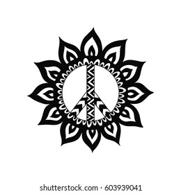 Hippie vintage peace symbol in zentangle style. Ornamental tie dye t-shirt print isolated on white background. Mandala round pattern.  Retro 1960s, 60s, 70s. 