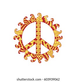 Hippie vintage peace symbol in zentangle style. Ornamental tie dye t-shirt print isolated on white background. Mandala round pattern. Hippy colorful vector illustration. Retro 1960s, 60s, 70s. 