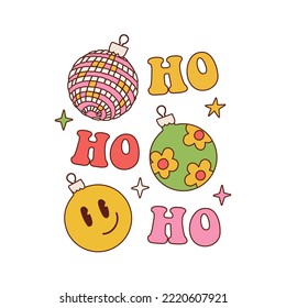 Hippie vintage style Christmas card. 70s groovy New Year typographic poster with HoHoHo and Xmas tree balls. Hand drawn vector illustration.