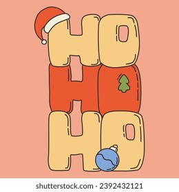 Tarjeta navideña estilo hippie vintage. Frase Ho Ho Ho Ho en estilo 70. Afiche tipográfico groovy de Año Nuevo con groovy texto trippy y bola de árbol de navidad, sombrero santa claus. Afiche festivo de Doodle