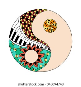 Hippie vintage yin and yang symbol in zentangle style for adult anti stress. Coloring page with high details isolated on white background. Made by trace from sketch. Retro 1960s, 60s, 70s