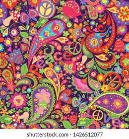 Hippie vivid colorful wallpaper with abstract flowers, hippie peace symbol, peace and love words, mushrooms, pomegranate and paisley