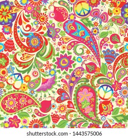 Hippie vivid colorful wallpaper with abstract flowers, hippie peace symbol with rainbow, butterfly, pomegranate and paisley