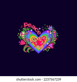 Hippie vivid print with colorful heart shape, flowers and peace, love and joy words on dark background for textile design