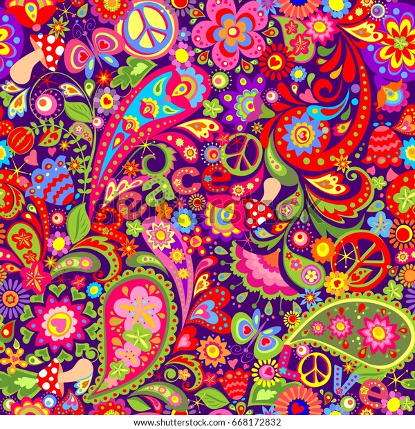 ヒッピーの鮮やかな壁紙と抽象的なカラフルな花 ヒッピーの平和シンボル キノコ ペイスリー のベクター画像素材 ロイヤリティフリー 668172832