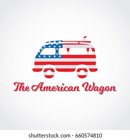 Hippie wagon painted with American flag. Creative concept for logo design or t-shirt print. Stock vector illustration.