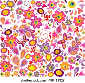 Hippie wallpaper with funny butterflies, colorful flowers and mushrooms