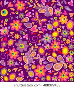 Hippie wallpaper with funny flowers print and butterflies