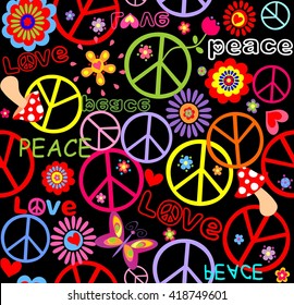 Hippie wallpaper with peace symbol, mushrooms and abstract flowers