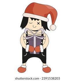 
Hippie weird cartoon Christmas Character  funny black shorts and Santa hat isolated transparent background. Funky design xmas Character in pants with gift. Vector illustration can used t-shirt print