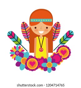hippie woman cartoon flowers feathers portrait